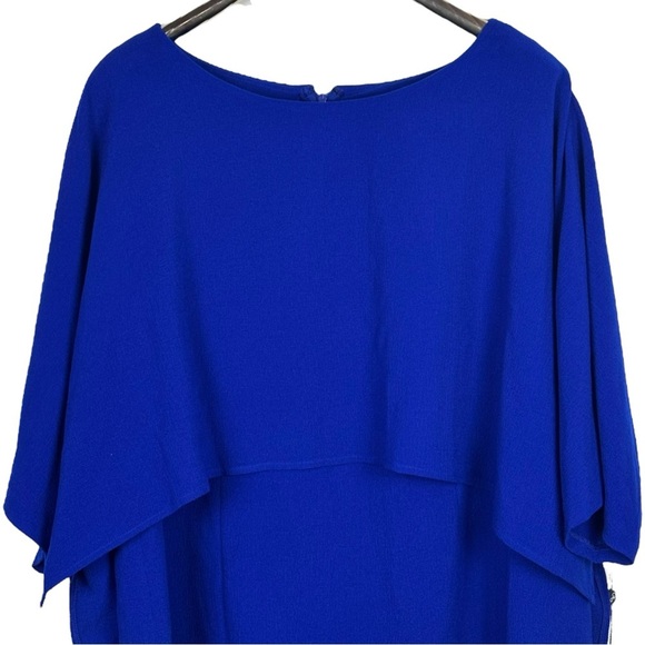 ADRIANNA PAPELL IRIS BLUE DRAPED BLOUSON SLEEVE CAPE COCKTAIL DRESS - Picture 5 of 13